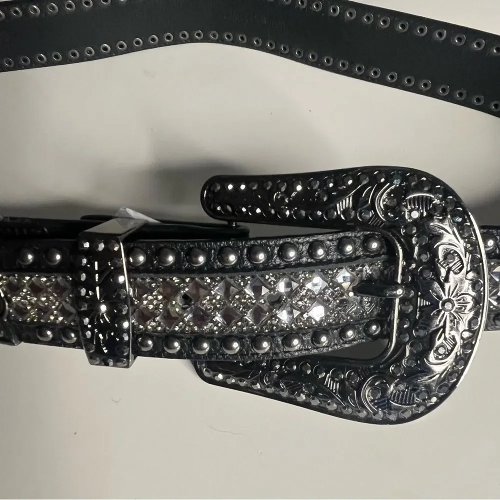 WONDERWEST Rhinestone Black Belt Leather Large Buckle Womens Size Medium